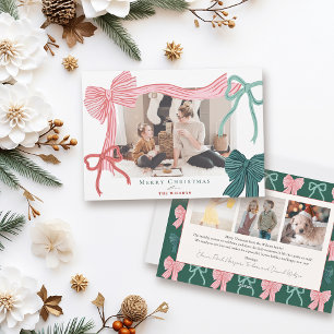 Coquette Red & Green Bows  4 Photo Christmas Holiday Card
