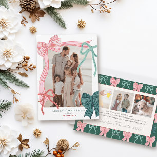 Coquette Red & Green Bows 4 Photos Christmas Holiday Card