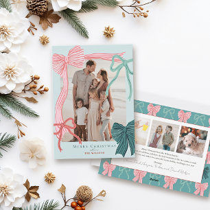 Coquette Red & Green Bows 4 Photos Green Christmas Holiday Card