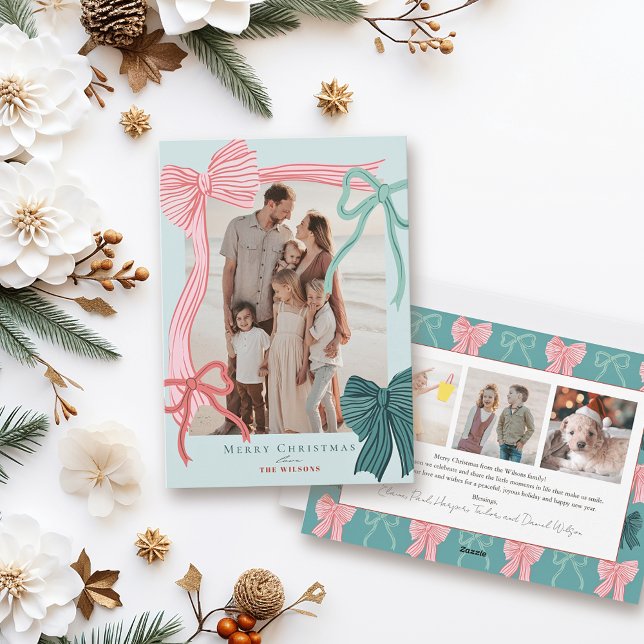 Coquette Red & Green Bows 4 Photos Green Christmas Holiday Card (Creator Uploaded)