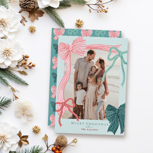 Coquette Red & Green Bows Green Photo Christmas Holiday Card