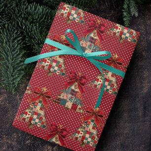 Coquette Red Patchwork Polka Dot Christmas Trees Wrapping Paper