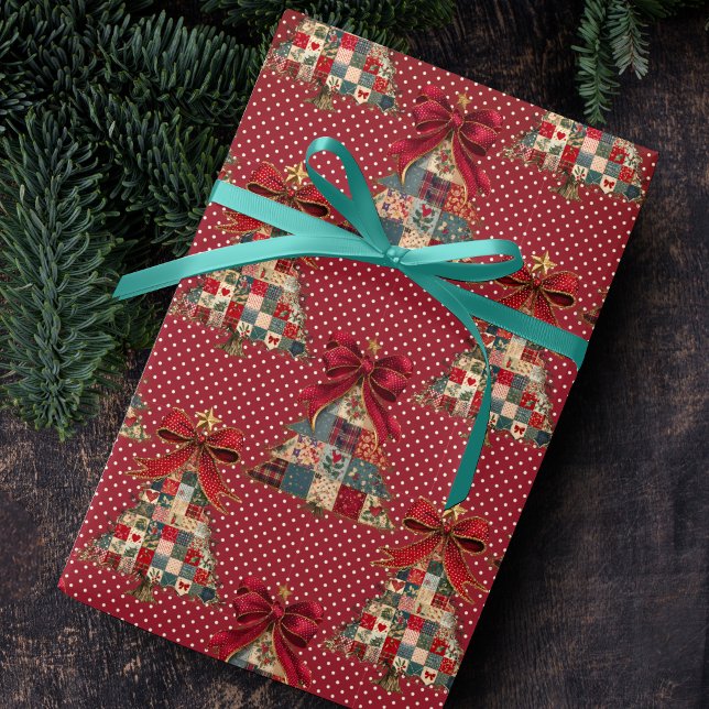 Coquette Red Patchwork Polka Dot Christmas Trees Wrapping Paper (Creator Uploaded)