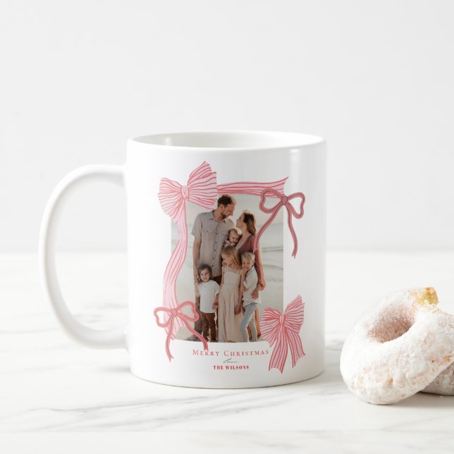 Coquette Red Pink Bows 2 Photos Christmas Holiday Coffee Mug (With Donut)