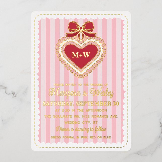 Coquette Red Pink Ruffled Heart Stripes Wedding (Front)