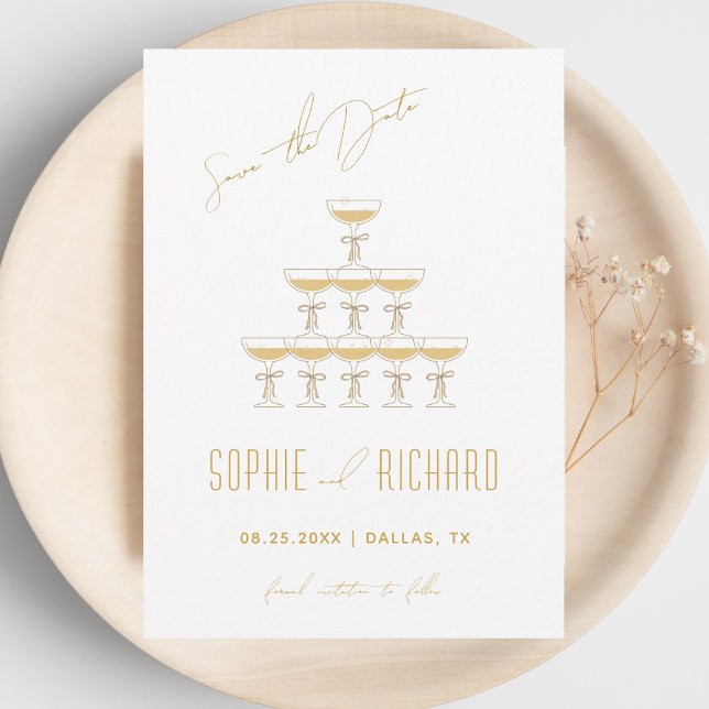 Coquette Ribbon Champagne Tower Fountain Wedding Save The Date (Creator Uploaded)
