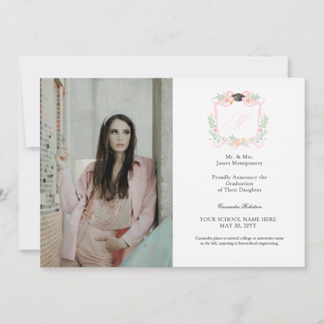  Coquette Ribbon Graduation Monogram Crest  Invitation (Front)