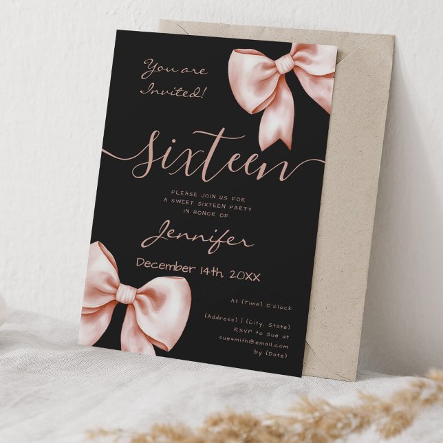 Coquette Rose Gold Bow Sweet 16 Birthday Black Invitation (Coquette Rose Gold Bow Sweet 16 Birthday Black Invitation)