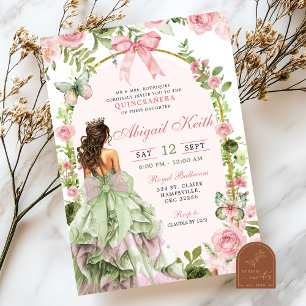 Coquette Royal Garden Sage Blush Pink Quinceanera Invitation