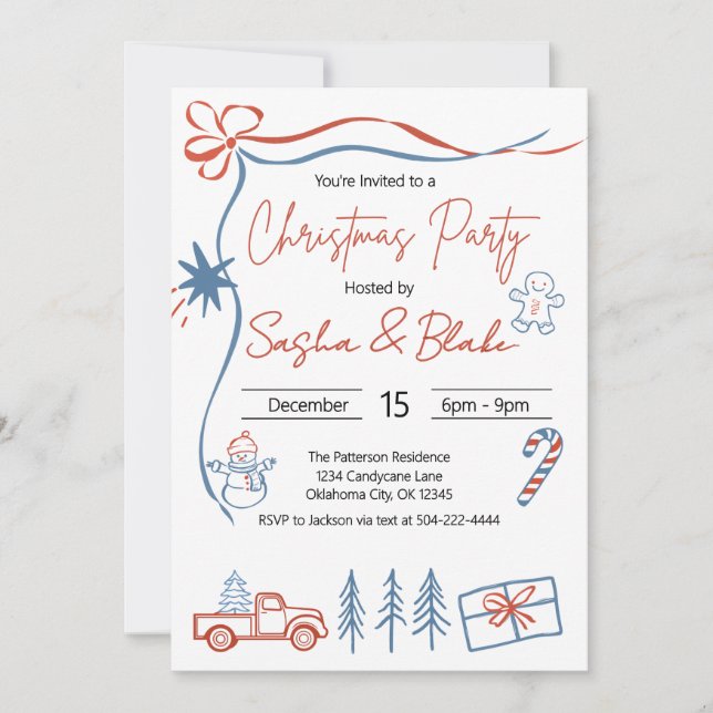 Coquette Rustic Red & Blue Christmas Party  Invitation (Front)