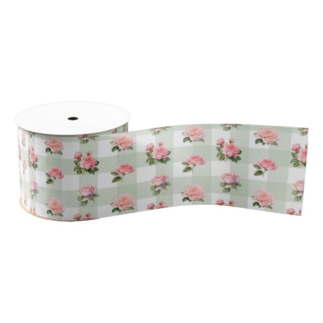 Coquette Sage Gingham & Pink Roses Grosgrain Ribbon (Spool)