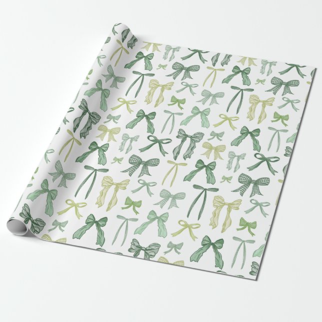 Coquette Sage Green Bows Wrapping Paper (Unrolled)