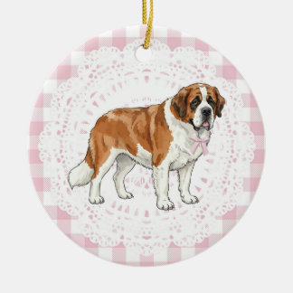 Coquette Saint Bernard Dog Pink Gingham Bows Ceramic Ornament