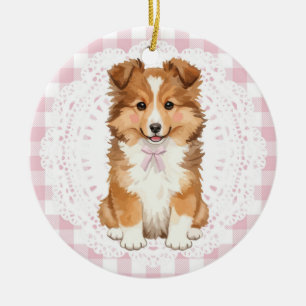 Coquette Shetland Sheepdog Dog Pink Gingham Bows Ceramic Ornament
