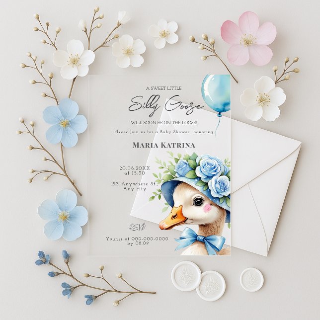 Coquette Silly Goose Blue Bow Boy Baby Shower Acrylic Invitations (Creator Uploaded)