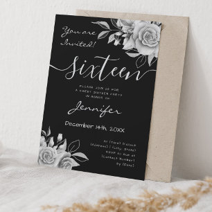 Coquette Silver Sweet 16 Floral Glam Black Invitation