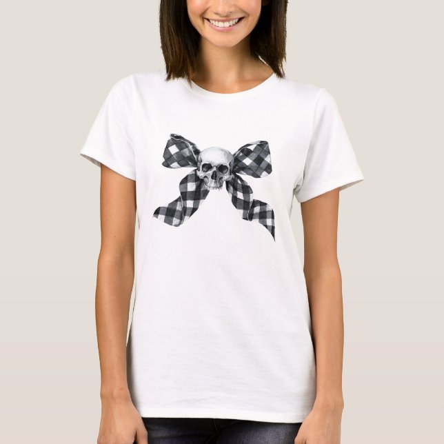 Coquette Skull Bow Checkered Gothic T Shirt (Front)