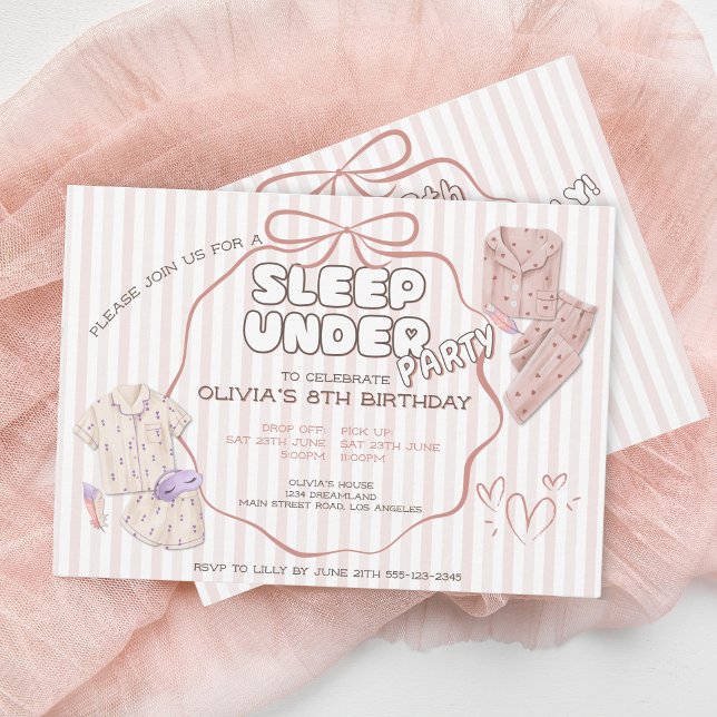 Coquette sleep-under party pink stripes birthday invitation (Creator Uploaded)