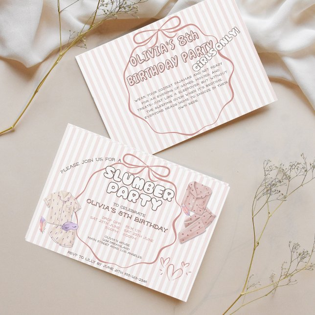 Coquette slumber party pink stripes birthday invitation (Creator Uploaded)