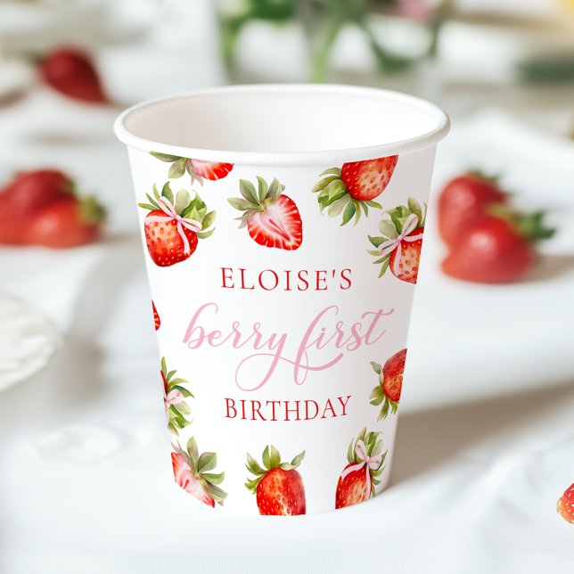Coquette Strawberry Bow Berry First Birthday Paper Cups (Creator Uploaded)