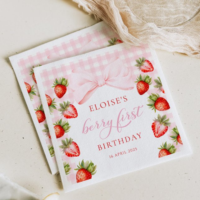 Coquette Strawberry First Birthday Napkin (Creator Uploaded)