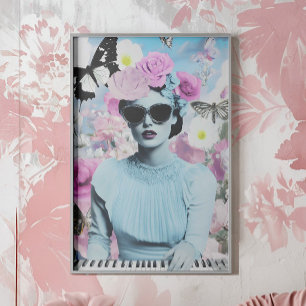 Coquette Style Pink and Blue Retro Pop Art Collage Poster
