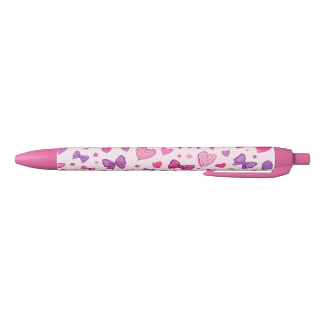 Coquette Style Pink Purple Bow & Heart Pattern Black Ink Pen (Bottom)