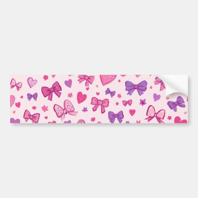 Coquette Style Pink Purple Bow & Heart Pattern Bumper Sticker (Front)