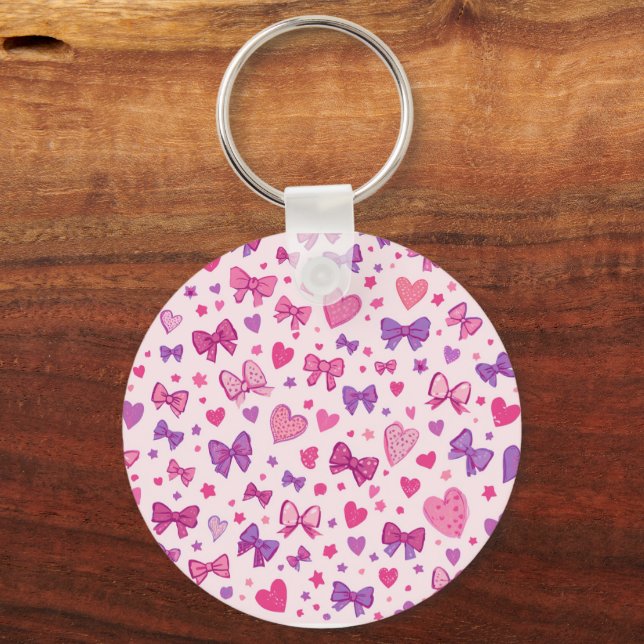 Coquette Style Pink Purple Bow & Heart Pattern Key Ring (Front)