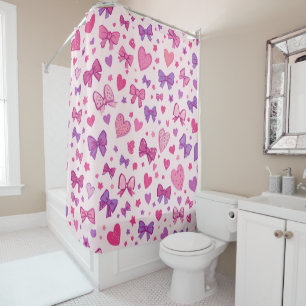 Coquette Style Pink Purple Bow & Heart Pattern Shower Curtain
