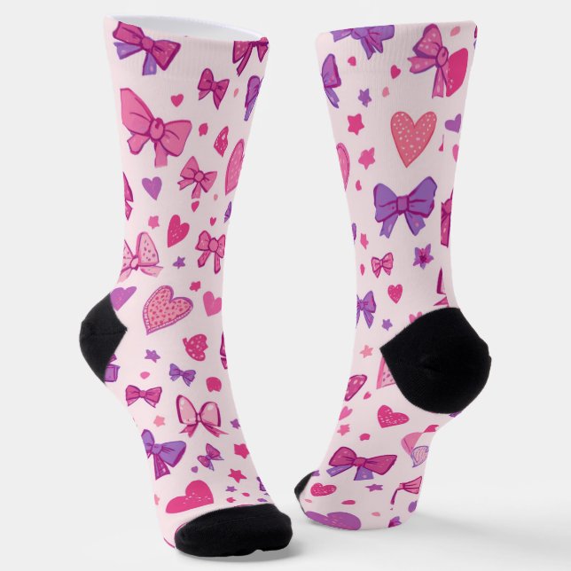 Coquette Style Pink Purple Bow & Heart Pattern Socks (Angled)