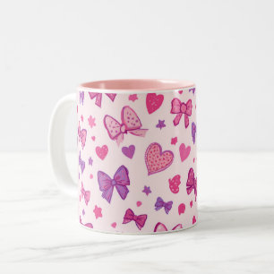 Coquette Style Pink Purple Bow & Heart Pattern Two-Tone Coffee Mug