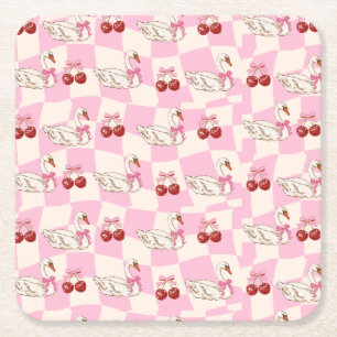 Coquette Swan & Cherry Square Paper Coaster