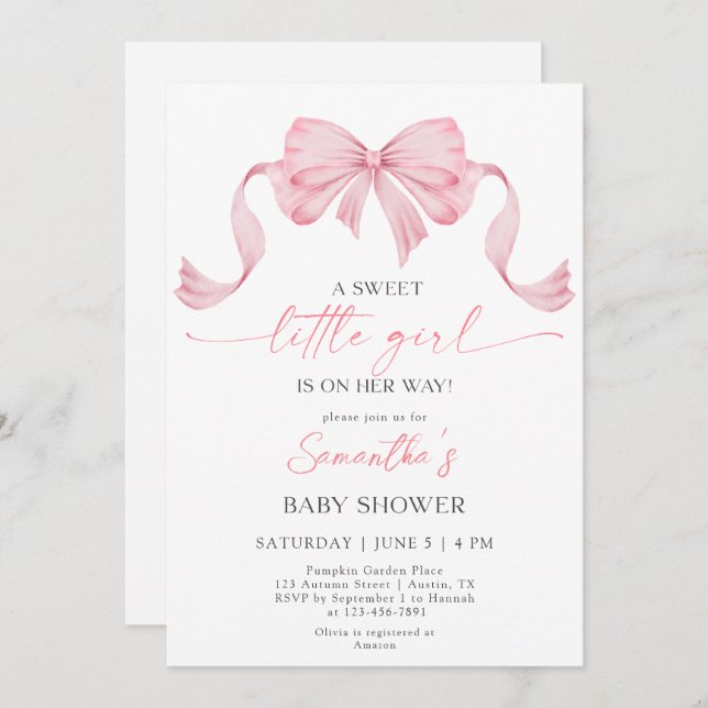 Coquette Sweet Little Girl Bow Border Baby Shower Invitation (Front/Back)