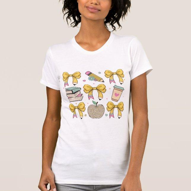 Coquette Teacher Pencil Apple Bow Coffee T-Shirt (Front)