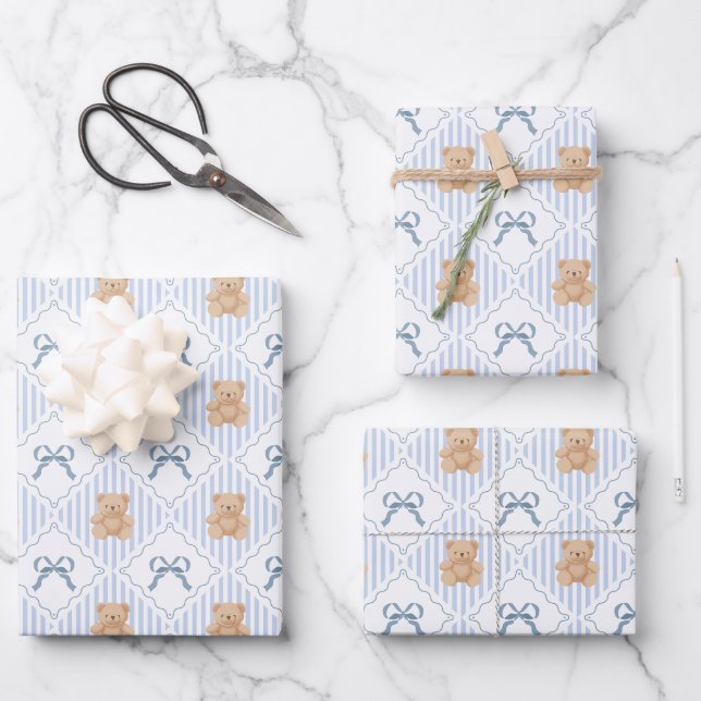 Coquette Teddy Bear & Ribbon Bow Pattern Wrapping Paper Sheet (Front)