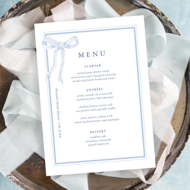 Coquette Toile Blue Bow Bridal Shower Menu (Creator Uploaded)