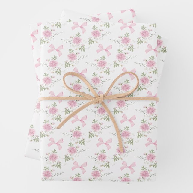 Coquette Toile De Jouy Pink Bow Wrapping Paper Sheet (In situ)