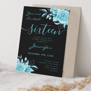 Coquette Turquoise Sweet 16 Floral Glam Black Invitation
