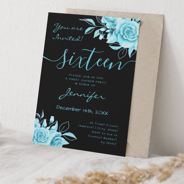 Coquette Turquoise Sweet 16 Floral Glam Black Invitation (Coquette Turquoise Sweet 16 Floral Glam Black Invitation)