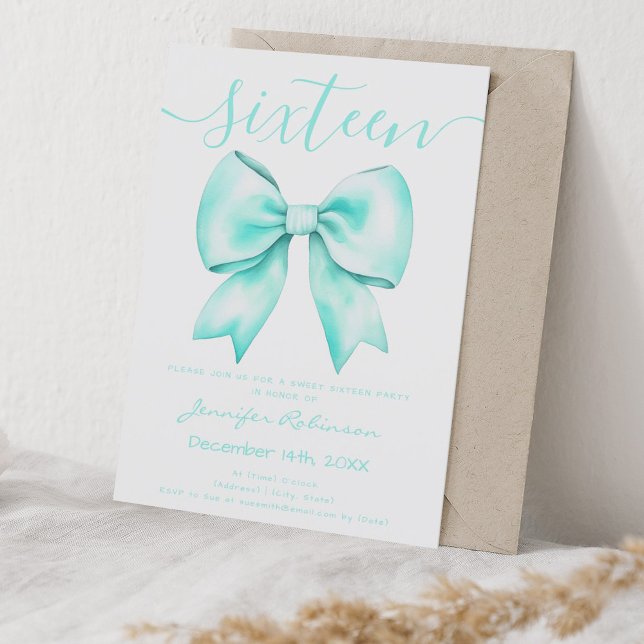 Coquette Turquoise Teal Bow Sweet 16 Birthday Invitation (Coquette Turquoise Teal Bow Sweet 16 Birthday Invitation)