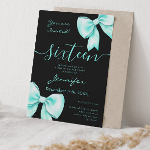 Coquette Turquoise Teal Bow Sweet 16 Party Black Invitation