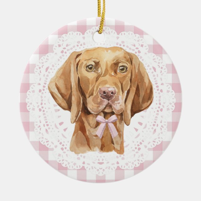 Coquette Vizsla Dog Pink Gingham Bows Ceramic Ornament (Front)