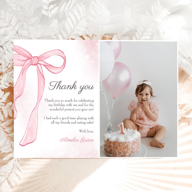 Coquette Watercolor Pink Cute Bow Birthday Thank You Card (Creator Uploaded)