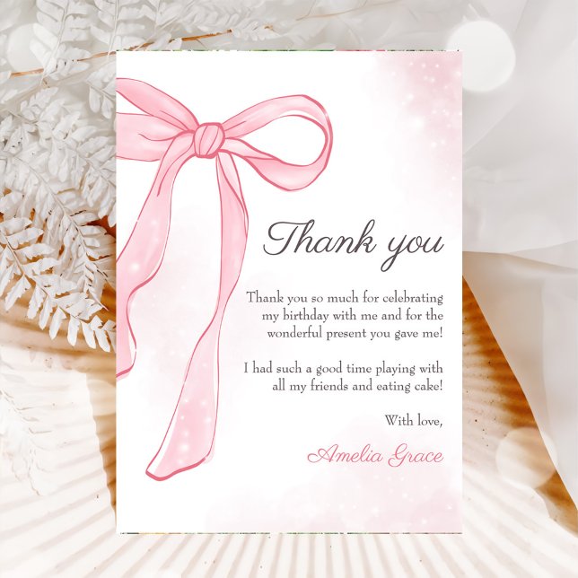 Coquette Watercolor Pink Cute Bow Birthday Thank You Card (Creator Uploaded)