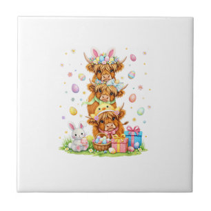 Coquette Western Highland Cow Easter Eggs Cute Bun Ceramic Tile