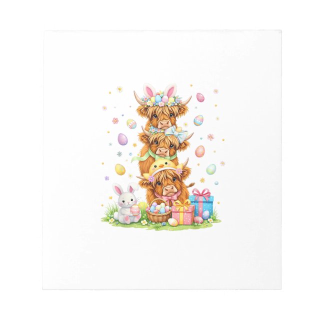 Coquette Western Highland Cow Easter Eggs Cute Bun Notepad (Front)