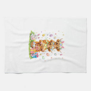 Coquette Western Highland Cow Easter Eggs Cute Bun Tea Towel