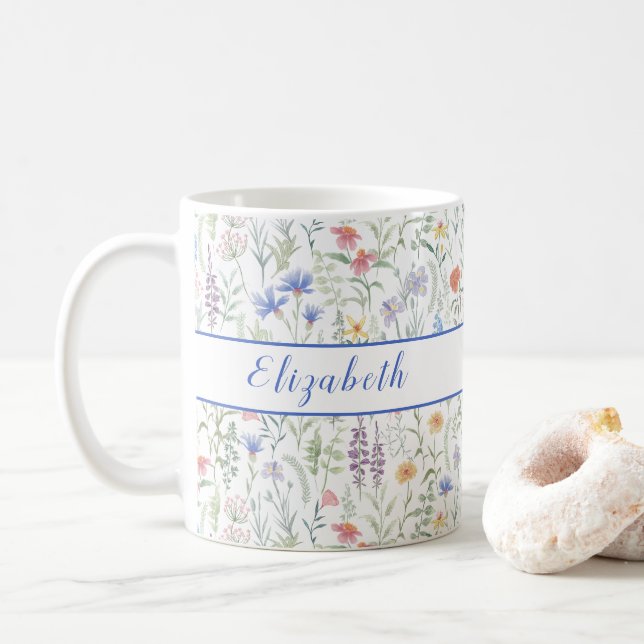 Coquette Wildflower Meadow Personalised Blue Coffee Mug (With Donut)