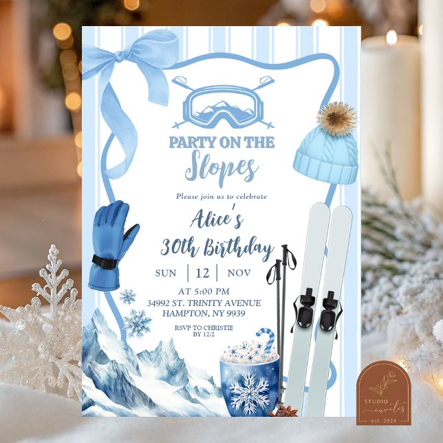 Coquette Winter Blue pastel Ski birthday Invitation (Creator Uploaded)